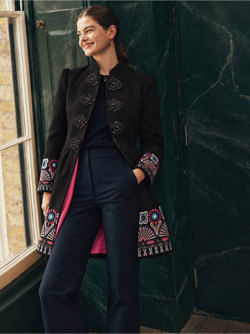 Plenty by Tracy Reese Black Embroidered Fit & Flare Coat Size 4